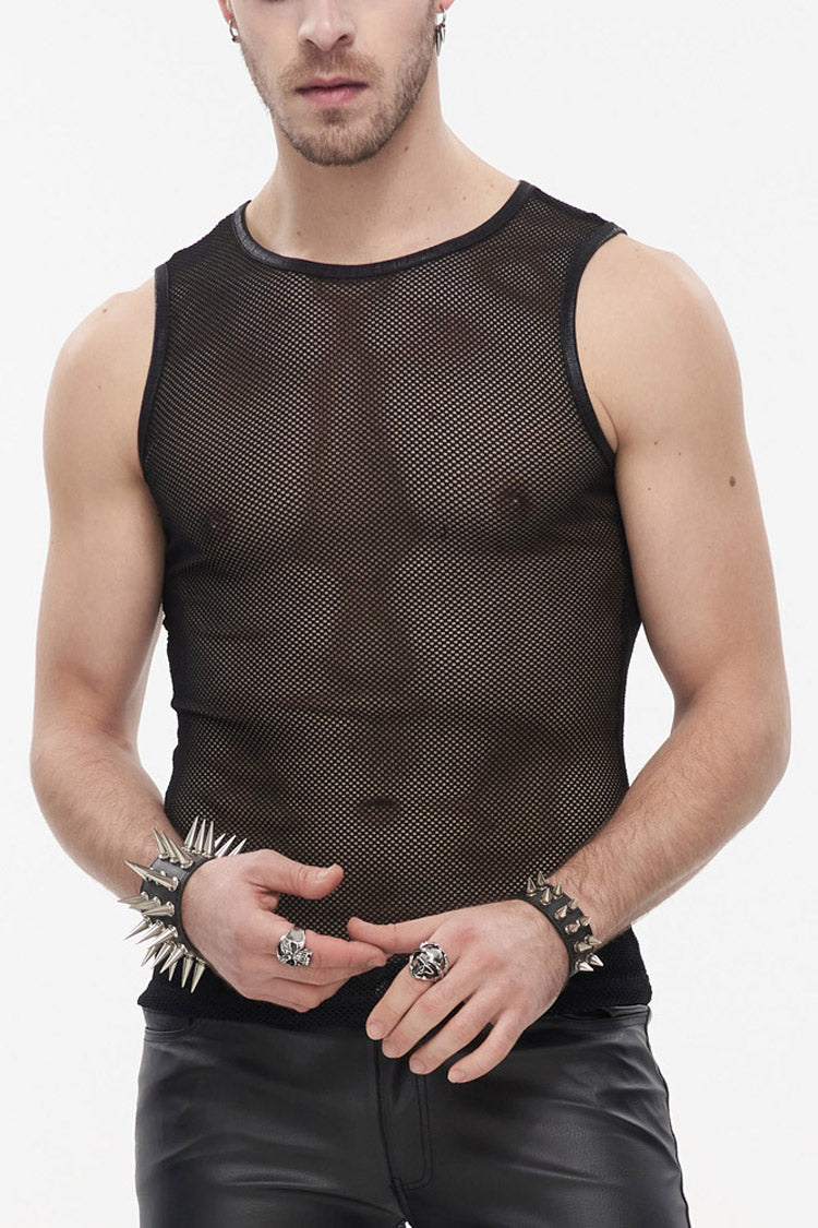 Black Gothic Elasticity Perspective Rhombus Net Yarn Sleeveles Men's T-Shirt