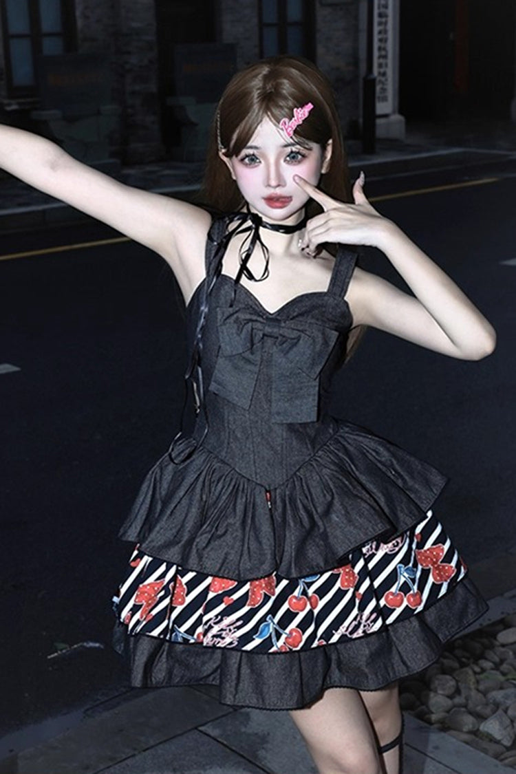 Black [Cherry] Sleeveless Triple-Layered Print Ruffle Bowknot Denim Sweet Japanese Vintage Lolita Jsk Dress