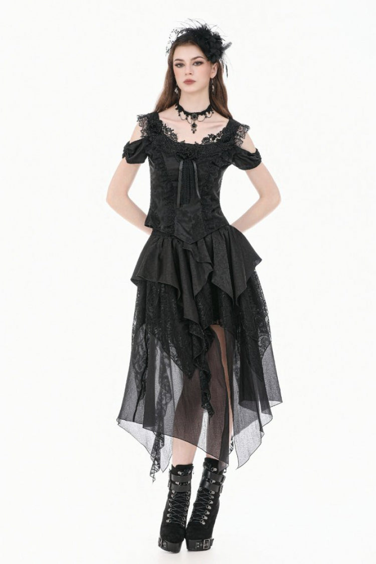 Schwarzer Damen-Gothic-Rock mit unregelmäßigem, mehrstufigem Spitzen-Mesh-Rüschen-High-Low-Rock