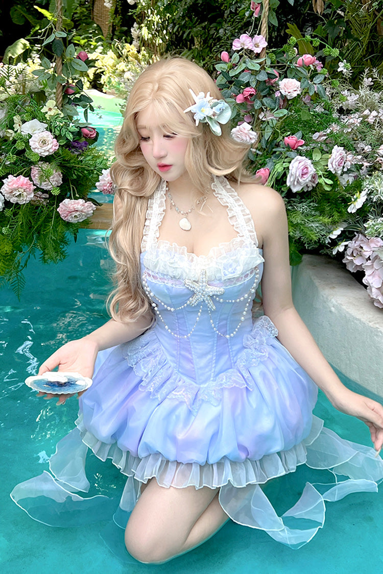 Blue [Starlight Jellyfish Princess] Halterneck Sleeveless Ruffle Lace Sweet Lolita Jsk Dress