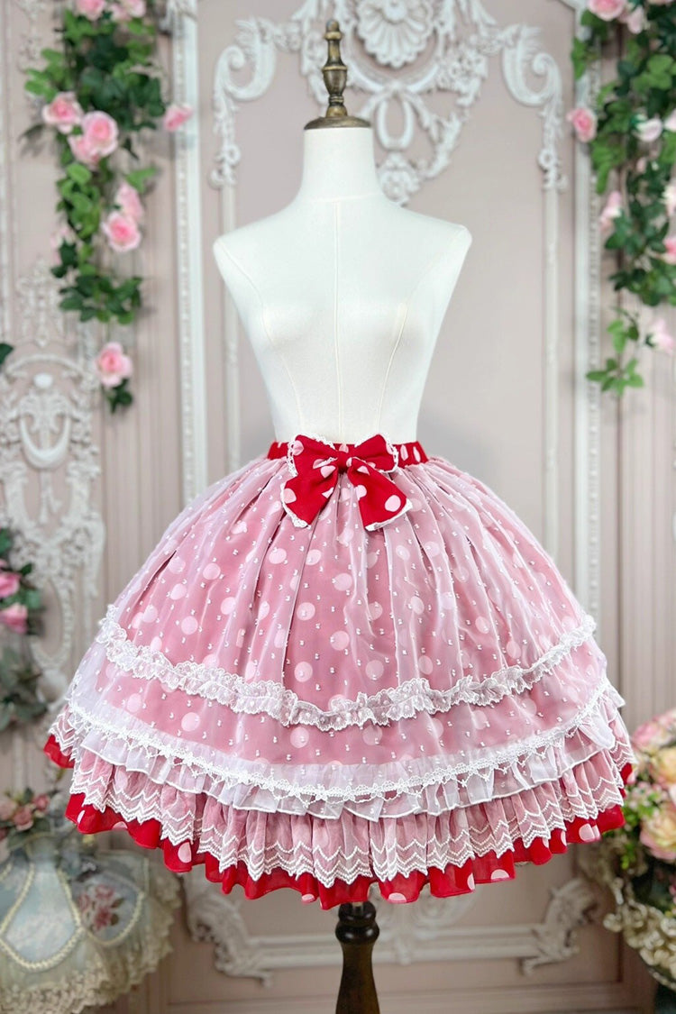 [Wave Candy] Jupe Lolita douce à nœud à volants imprimé triple couche 3 couleurs 