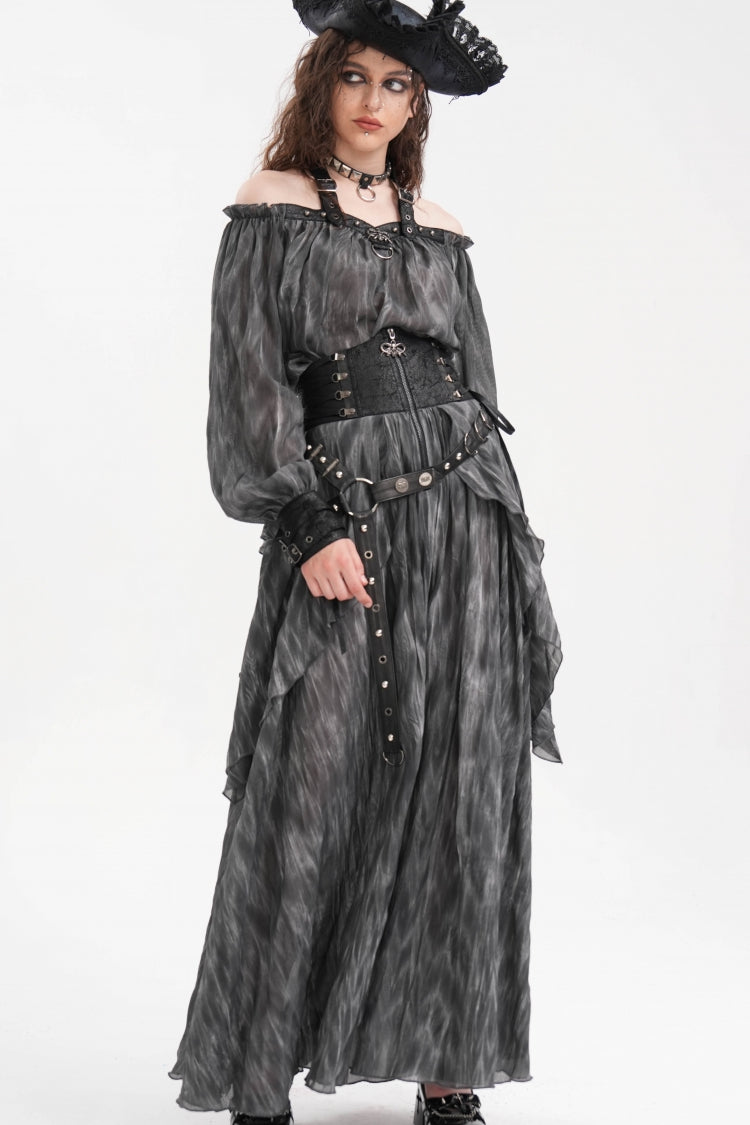 Graue Neckholder-Bluse mit Schnalle und langen Ärmeln für Damen im Gothic-Stil