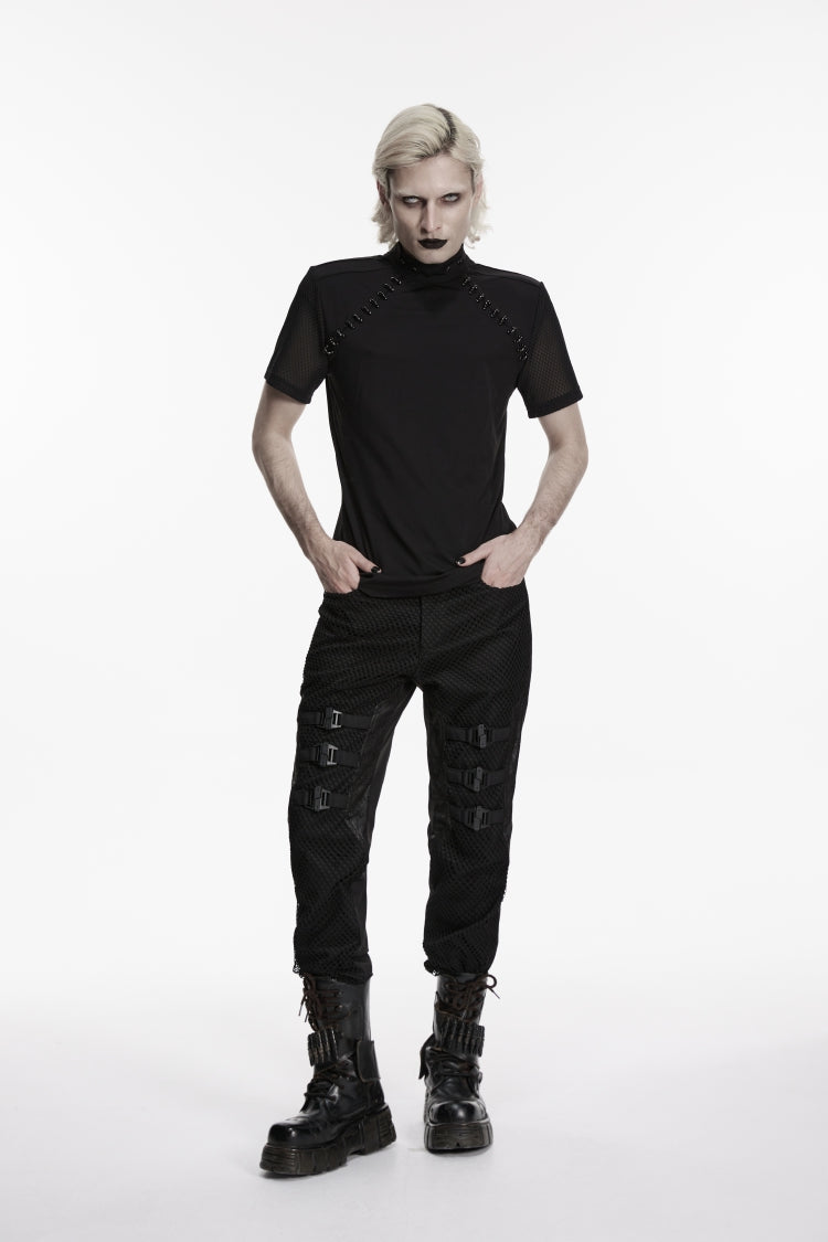 Pantalon Punk Cool noir épissé en maille fine avec boucle pour hommes
