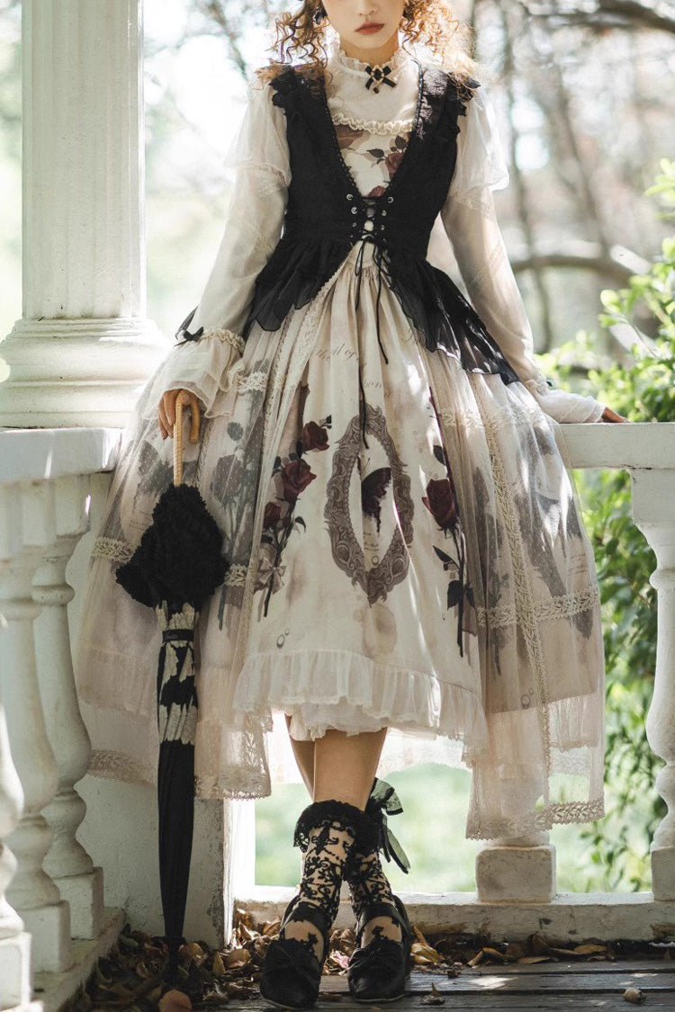 Multi-Color Long Sleeves Print Ruffle French Princess Classic Gothic Lolita Dress Set