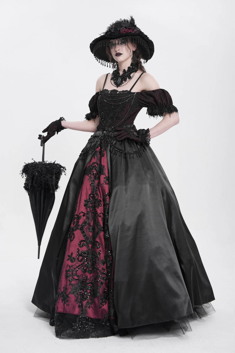Black/Red Off Shoulder Embroidery Stitching Lace Women's Gothic Dress