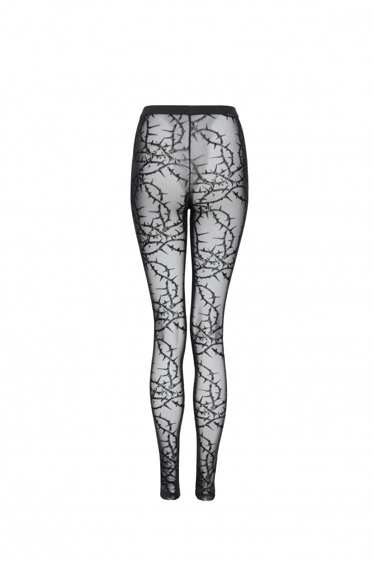 Black Slim Fit Thorny Vine Flocked Sheer Mesh Eyelet Women's Gothic Luxurious Leggings