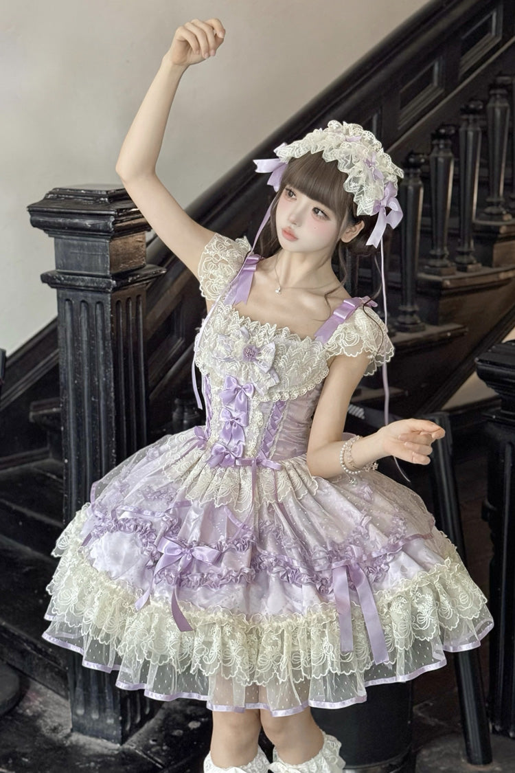 Purple [Dreaming Butterfly] Multi-Layered Jacquard Ruffle Bowknot Lace Sweet Princess Lolita Jsk Dress