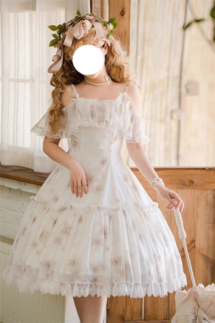 White Sunflower Dance Print Sweet Elegant Princess Lolita Jsk Dress