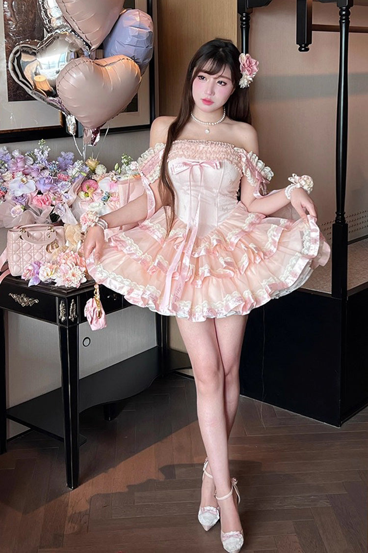 Pink [Princess Ribbon] Off Shoulder Triple-Layered Ruffle Bowknot Sweet Lolita Dress