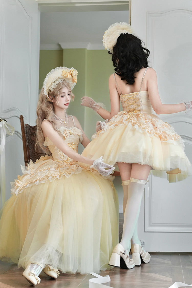 Yellow [Sissi's Pilgrimage] Off Shoulder Ruffle Bowknot Lace Sweet Lolita Skirt (Short Version)