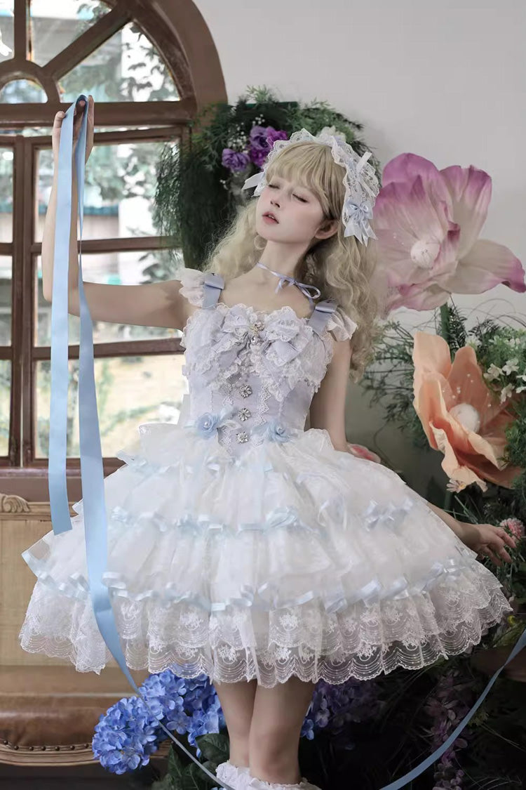 Blue [Rose Feather Waltz] Sleeveless Triple-Layered Ruffle Bowknot Lace Sweet Ballet Lolita Jsk Dress
