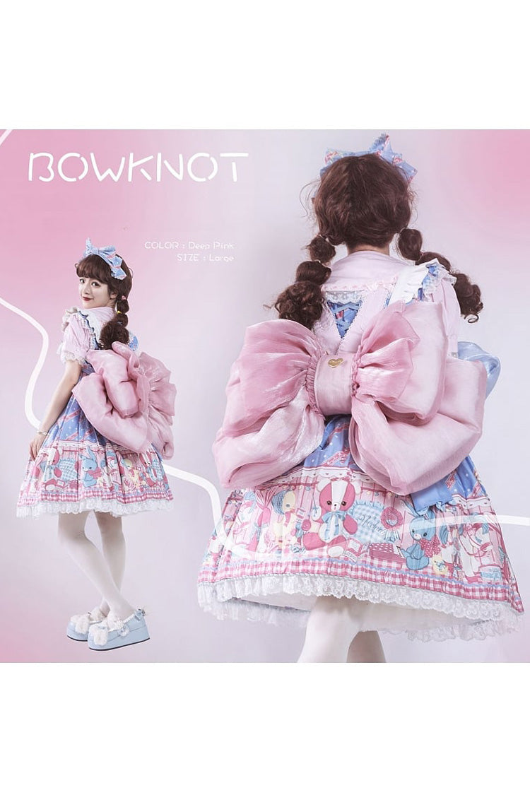 Peach Pink Big Bowknot Metal Heart Nameplate Lolita Backpack