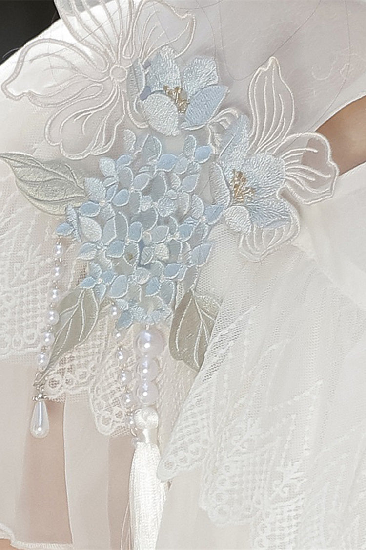Blanc [Message Hydrangea] Manches courtes Imprimé Volant Dentelle Doux Style chinois Élégant Robe courte Lolita 