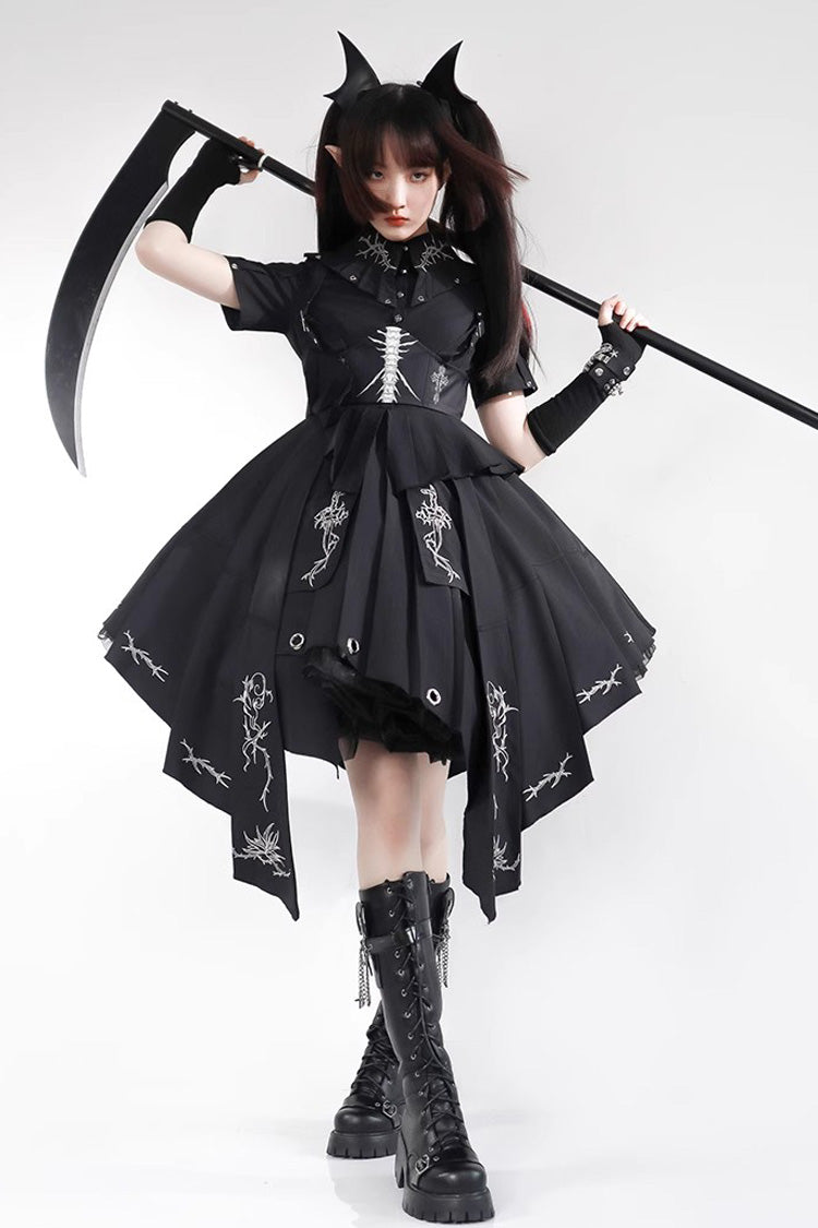 Schwarzes, kurzärmliges Lolita-Kleid mit Print im Gothic-Stil von Travelling Thorns