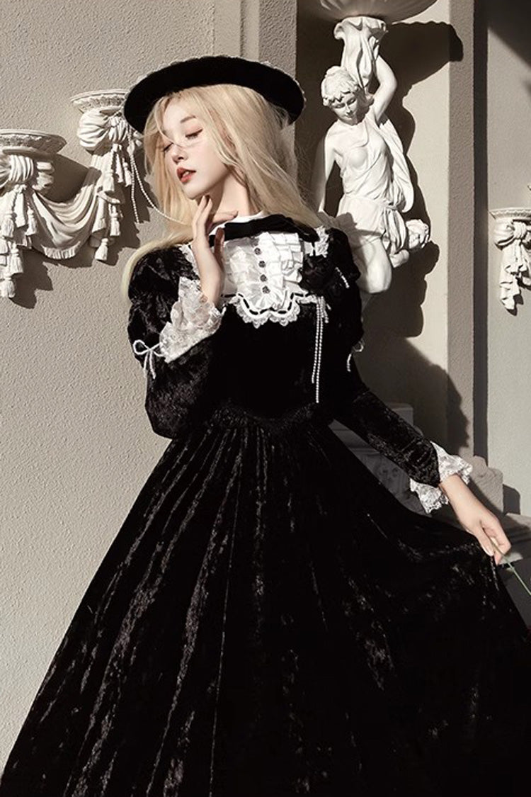 Black [Whispering Castle] Long Sleeves Ruffle Bowknot Lace Gothic Lolita Dress