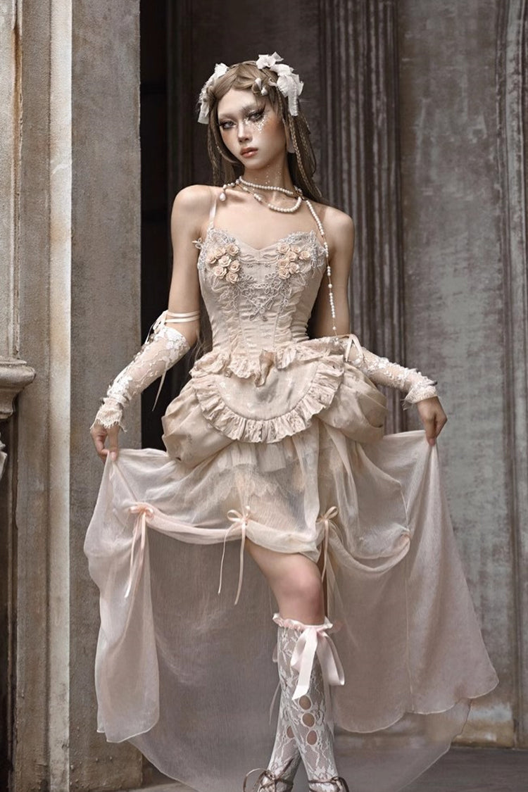 Apricot V Collar Sleeveless High Waisted Ruffle Embroidery Lace Fishbone Gothic Lolita Corset Skirt Set