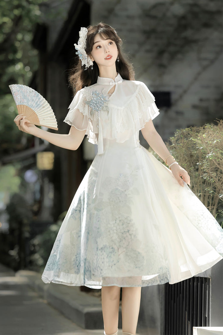 Blanc [Message Hydrangea] Manches courtes Imprimé Volant Dentelle Doux Style chinois Élégant Robe courte Lolita 