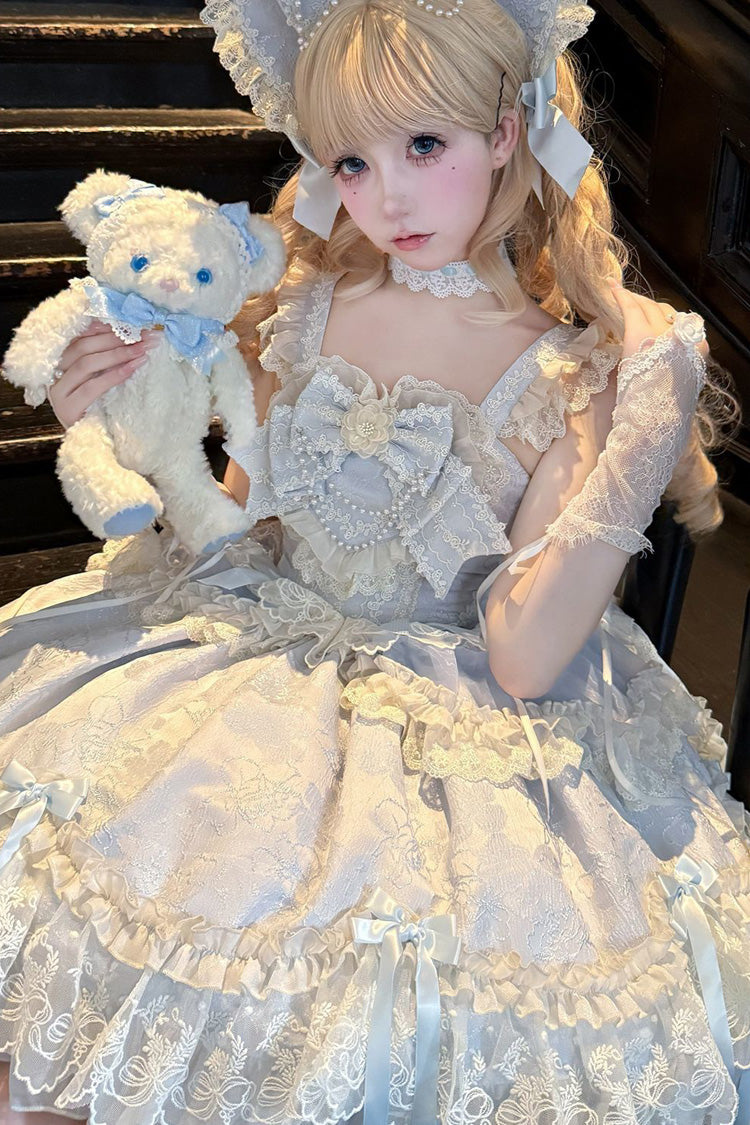 Blue [Blossoming Heart Love ] Sleeveless Dark Jacquard Print Bowknot Lace Sweet Lolita Jsk Dress