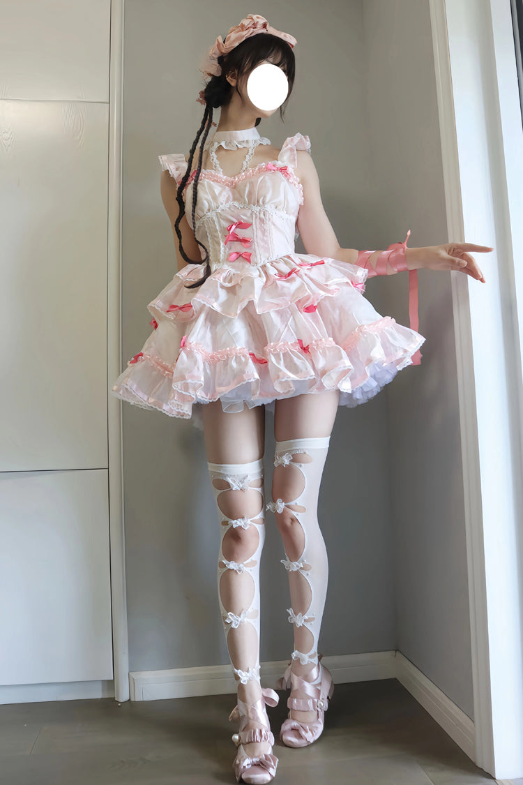 White/Pink Multi-layer Ruffle Ballet Bowknot Sweet Lolita Jsk Dress