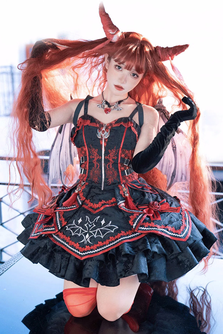 Black/Red Bat Print Ruffle Cardigan Gothic Lolita Jsk Dress