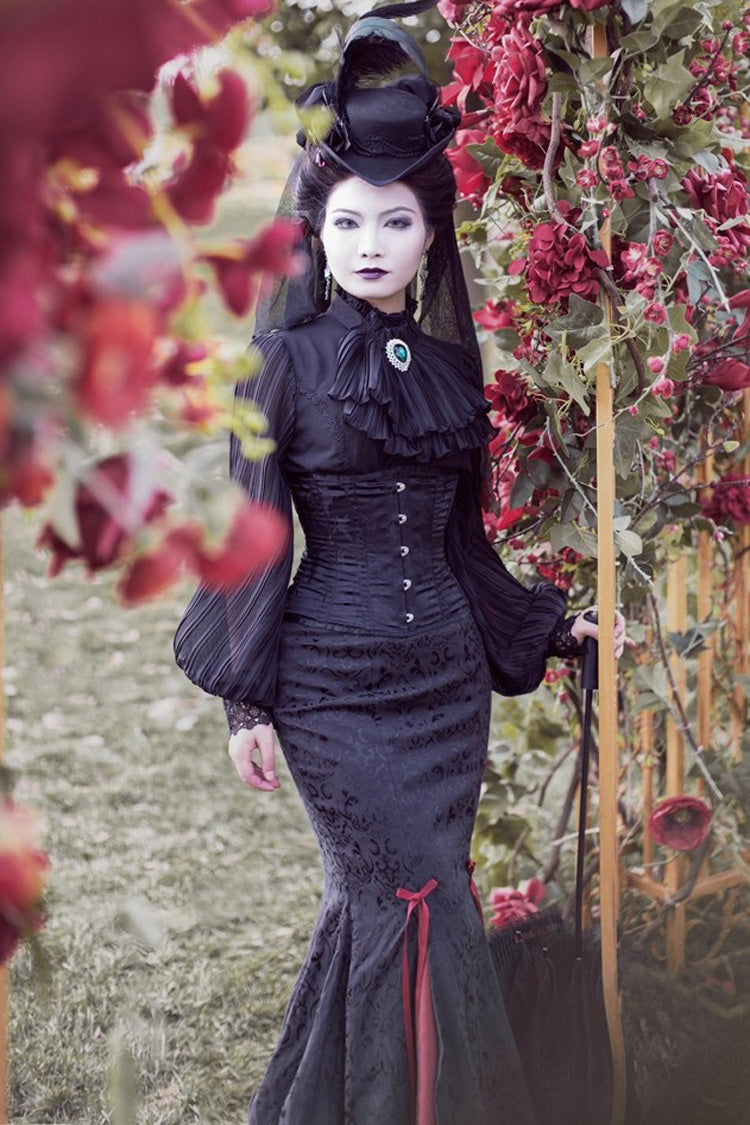 Black/Red [Lorelei] Double-Layered Print Ruffle Gothic Elegant Lolita Jacquard Mermaid Maxi Skirt