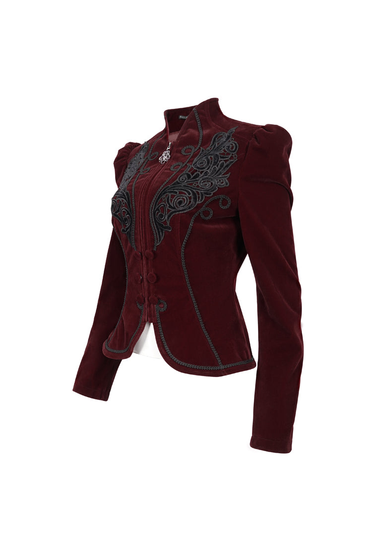 Red Stand Collar Velvet Applique On Chest Pendant Zipper Long Sleeve Women's Gothic Jacket