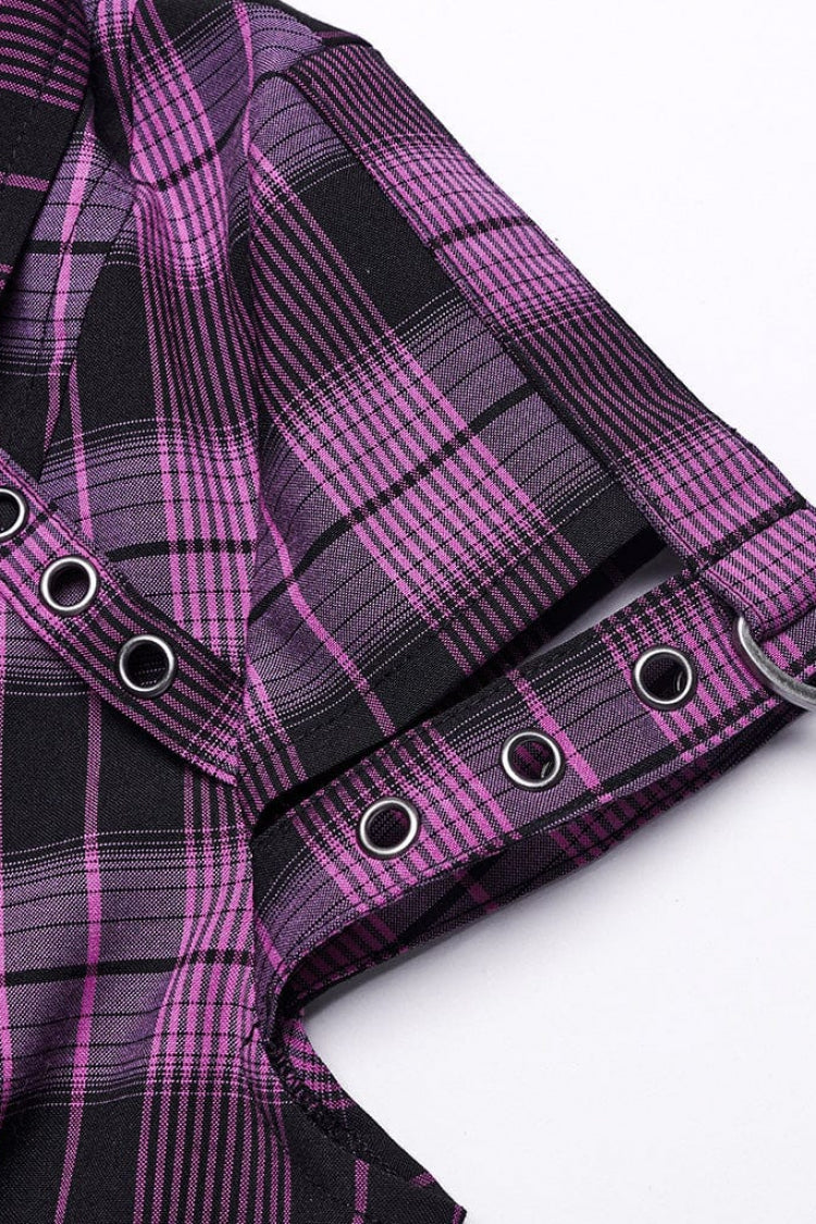 Damen Bluse mit kurzen Ärmeln, Karomuster, hohle Spitze, Steampunk-Stil, 2 Farben