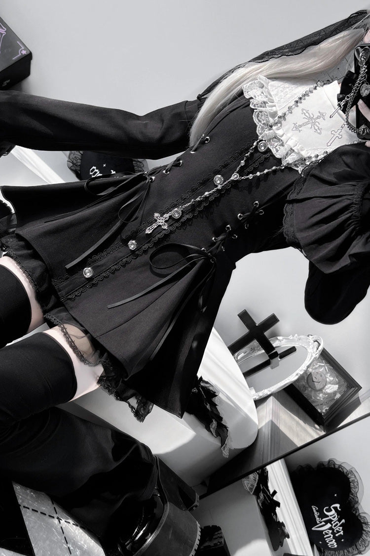 Black Long Trumpet Sleeves Ruffle Gothic Jirai Kei Japanese Dress Set 2 Colors
