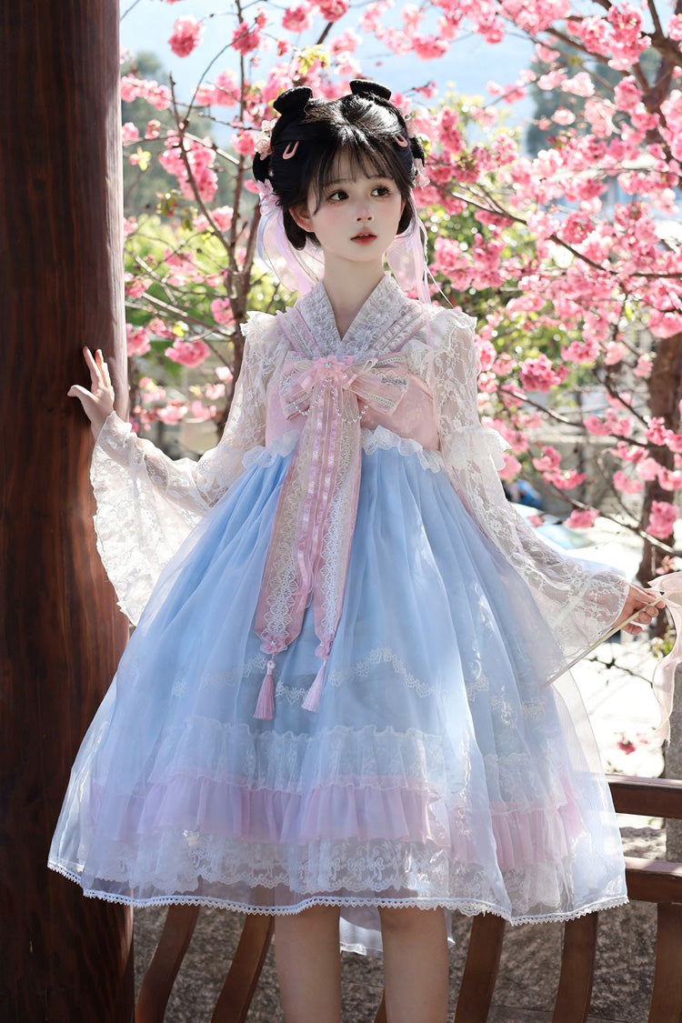 [Peach Blossoms in Spring Fields] Sleeveless Ruffle Bowknot Lace Sweet Chinese Style Lolita Jsk Dress 3 Colors