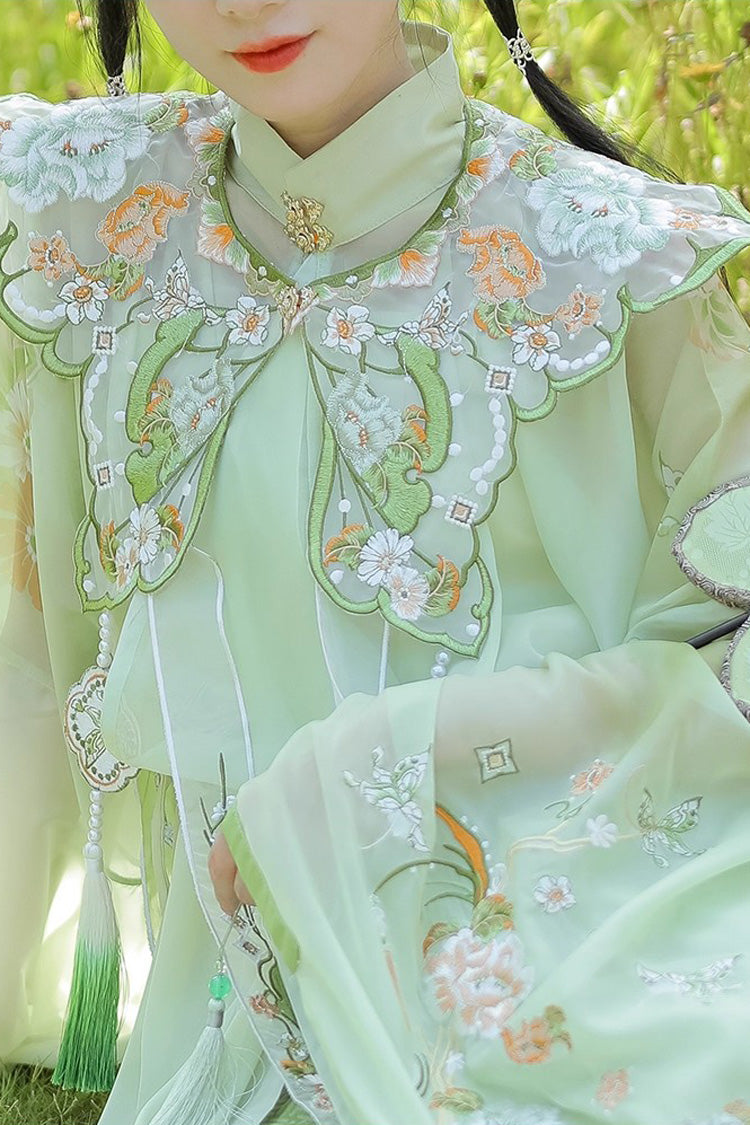 Green [Emerald Fantasy] Ming Dynasty Round Collar Long Sleeves Print Embroidery Sweet Hanfu Dress Set