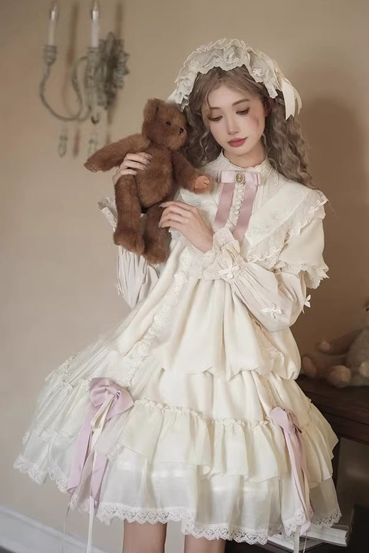 Ensemble de robe Lolita douce, ivoire, [salle de fleurs en verre], manches courtes, triple couche, volants, roses brodées, nœud, Cotilla
