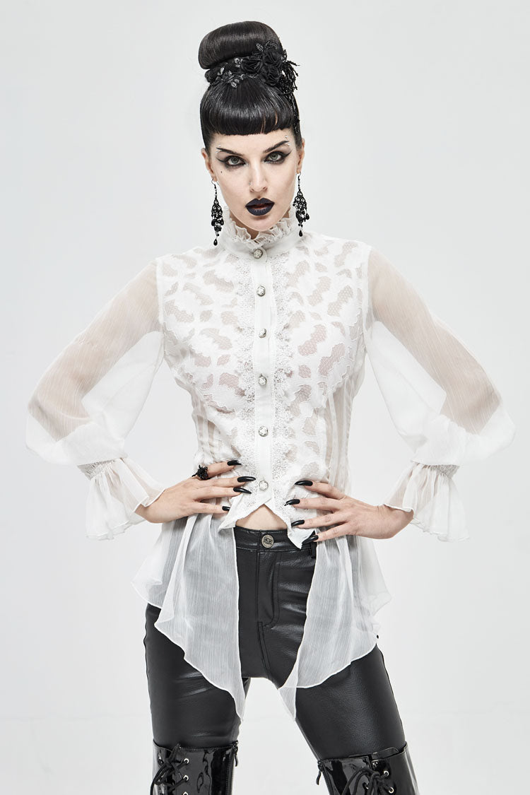 White Chiffon High Collar Front Flare Cuff Back Waist Lace Up Women's Gothic Blouse