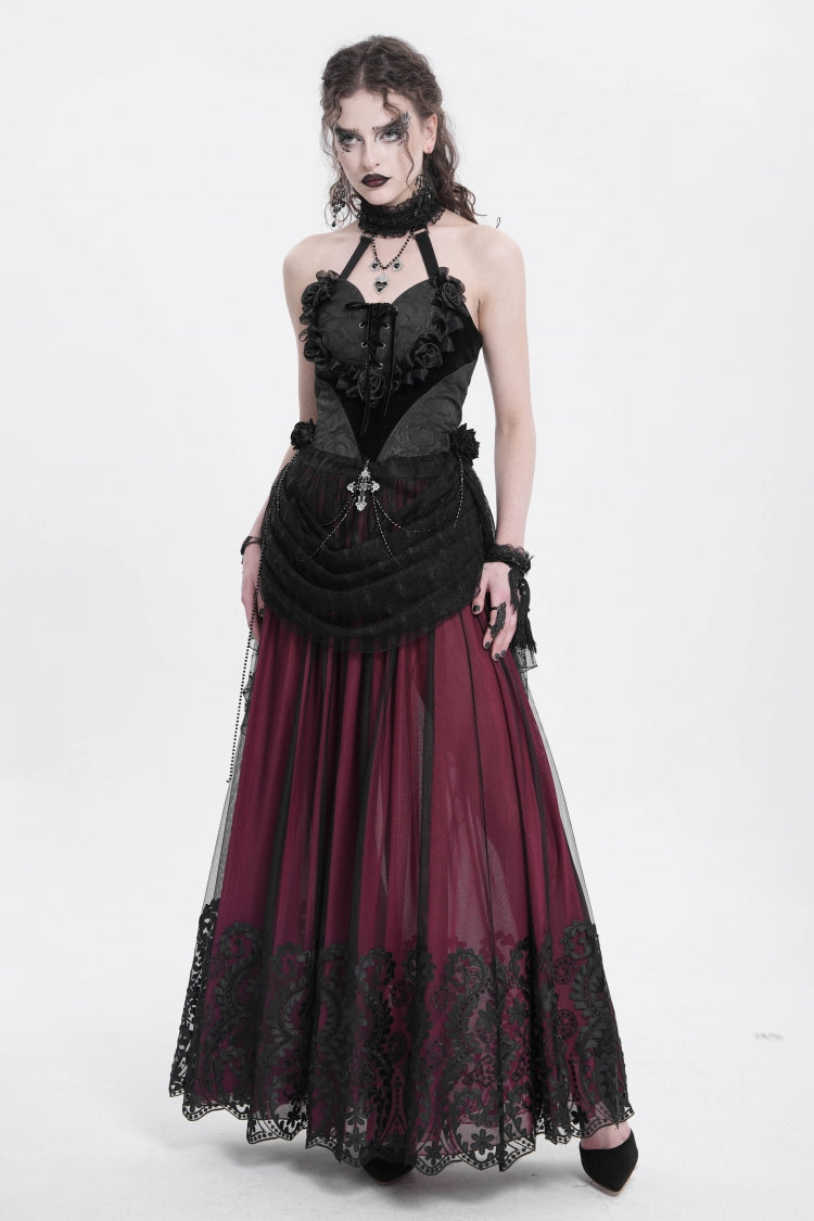 ブラックハルターネックノースリーブ刺繍ステッチローズハートレース女性用ゴシックブラウス 