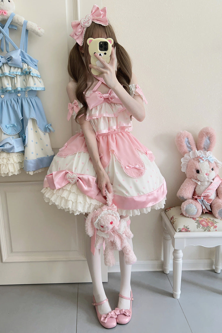 Pink Cream Multi-Layered Polka Dots Print Ruffle Bowknot Sweet Lolita Jsk Dress