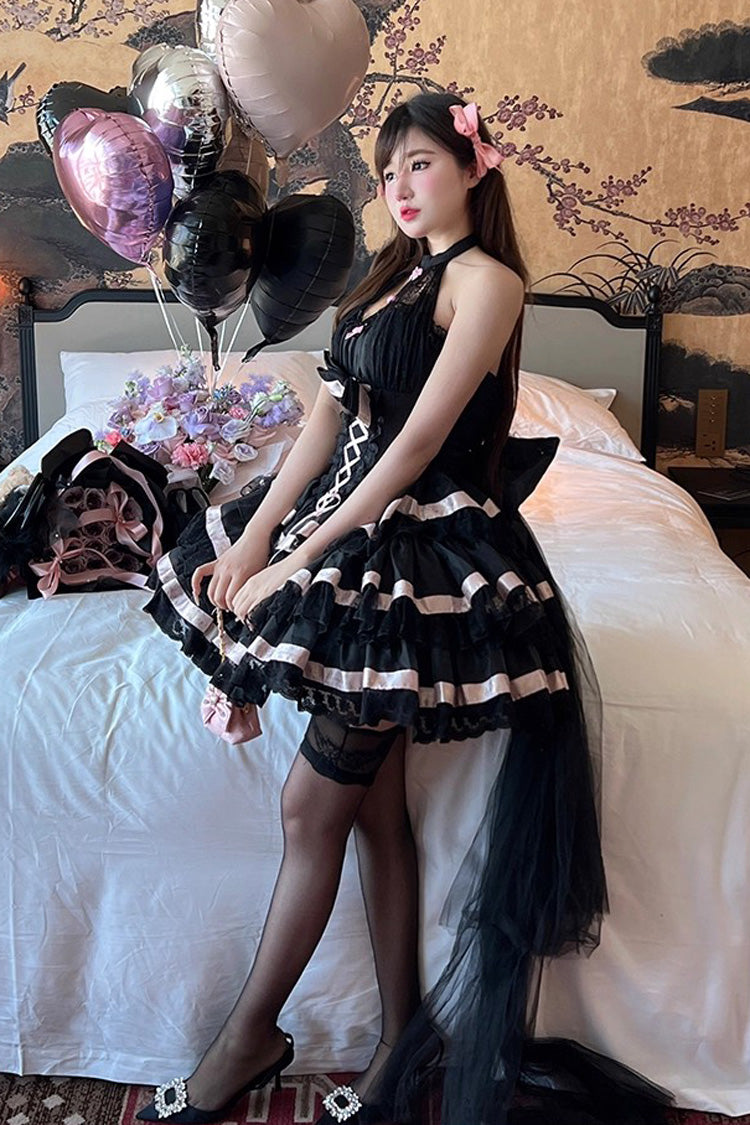 Black [Ballet Dream] Halterneck Triple-Layered Ruffle Bowknot Lace-Up Sweet Princess Lolita Dress