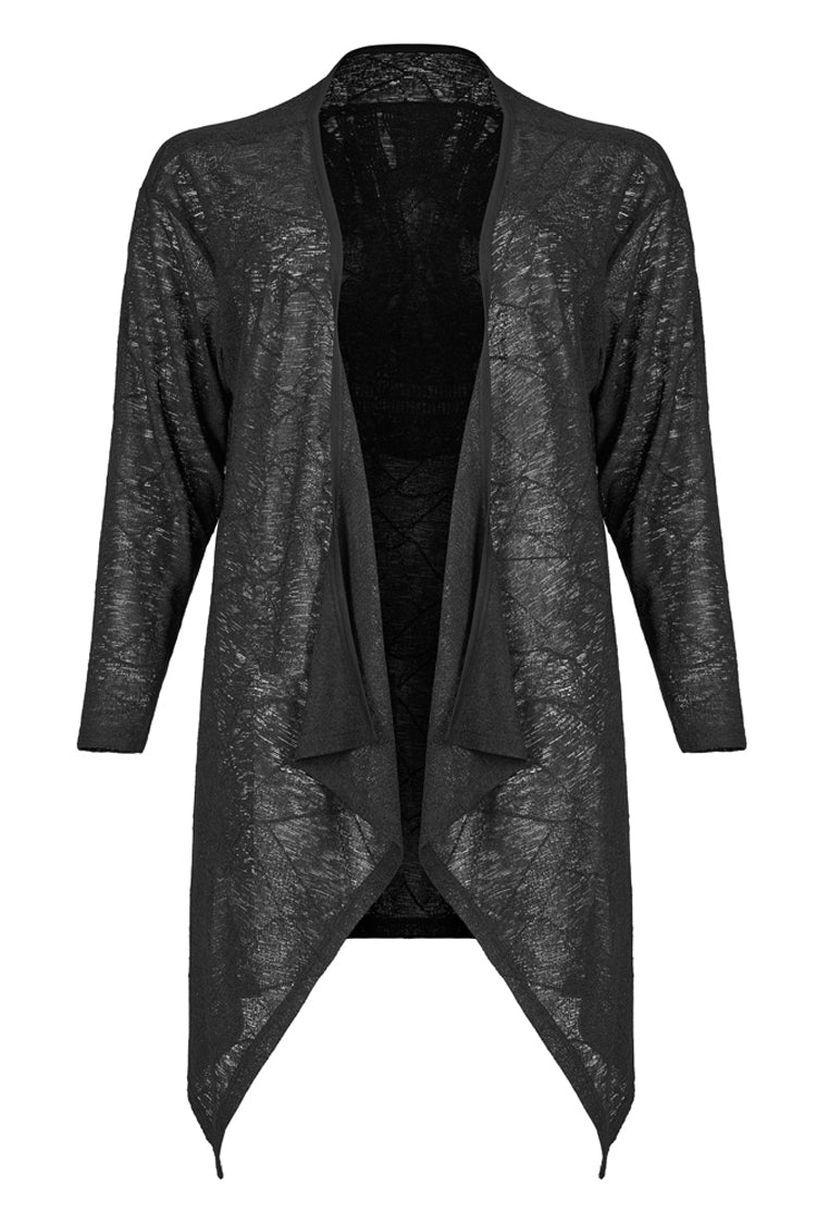 ブラックソフトニットまだらテクスチャ非対称裾スカルデカール背面に女性のプラスサイズのゴシックジャケット