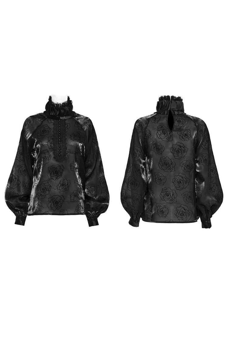 Schwarze Gothic-Bluse mit Stehkragen, langen Laternenärmeln, Rosendruck und Hakenknopf für Damen