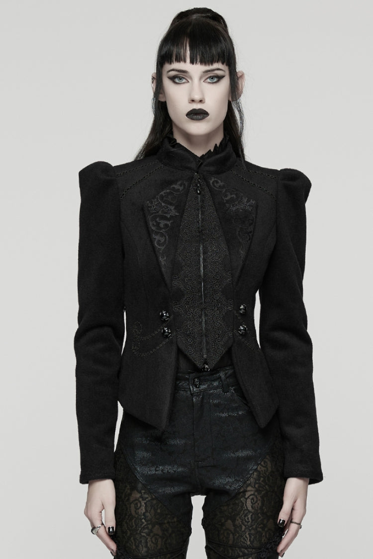 Black Stand Collar Long Sleeves Embroidered Lace-Up Zippered Women's Gothic Jacket