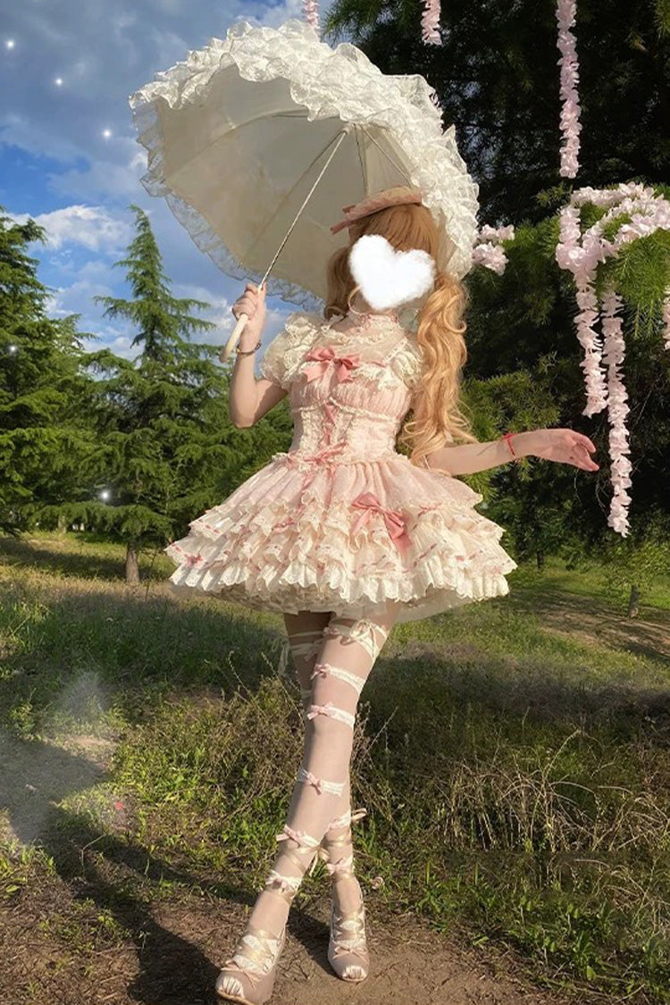 Rosa dreilagiges süßes Prinzessinnen-Ballett-Lolita-JSK-Kleid mit Schleife und Schnürung