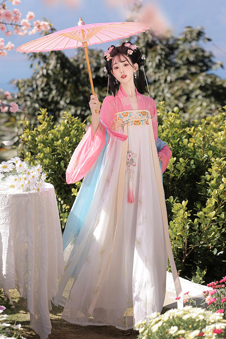 Rosa/Aprikose [Der Frühling erfüllt den Garten] Hoch tailliertes, bedrucktes, besticktes Damen-Hanfu-Kleiderset im süßen chinesischen Stil