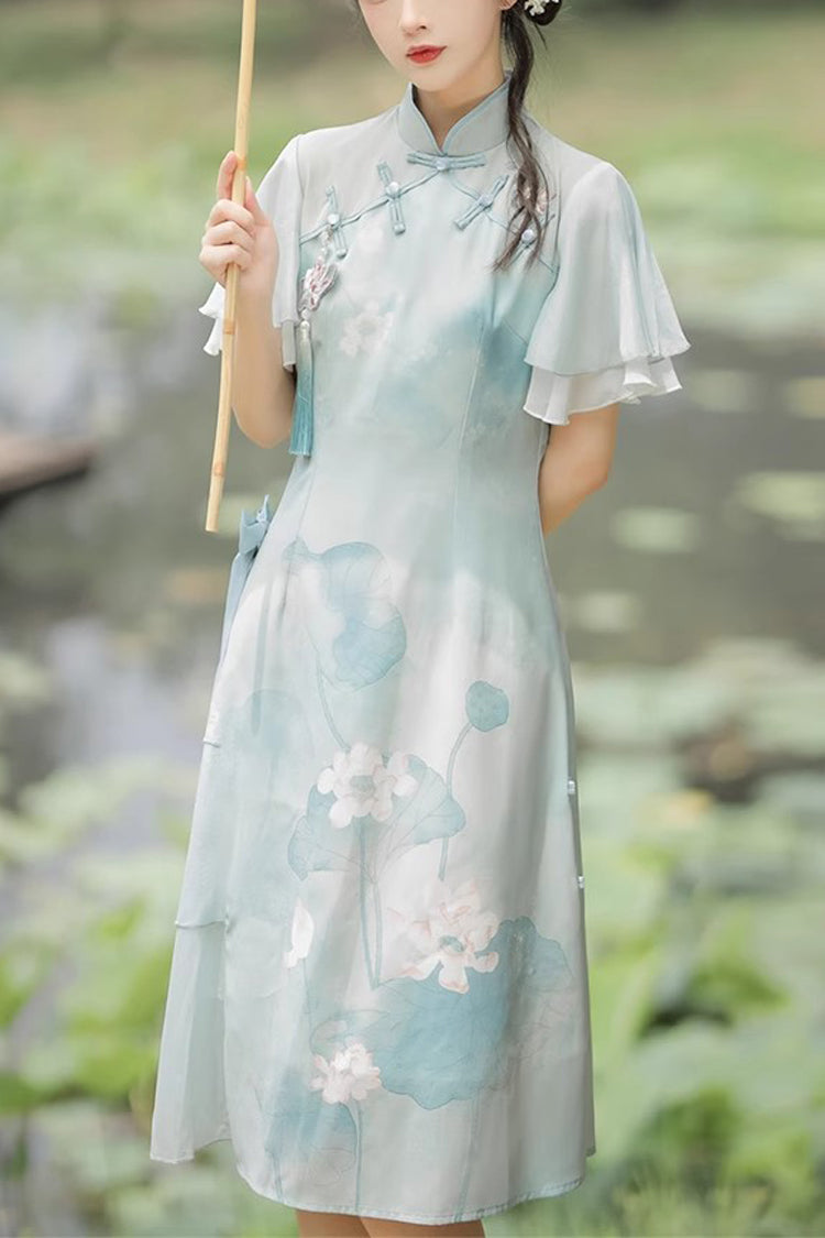 Green Ruffle Short Sleeves Lotus Print Sweet Cheongsam Hanfu Dress