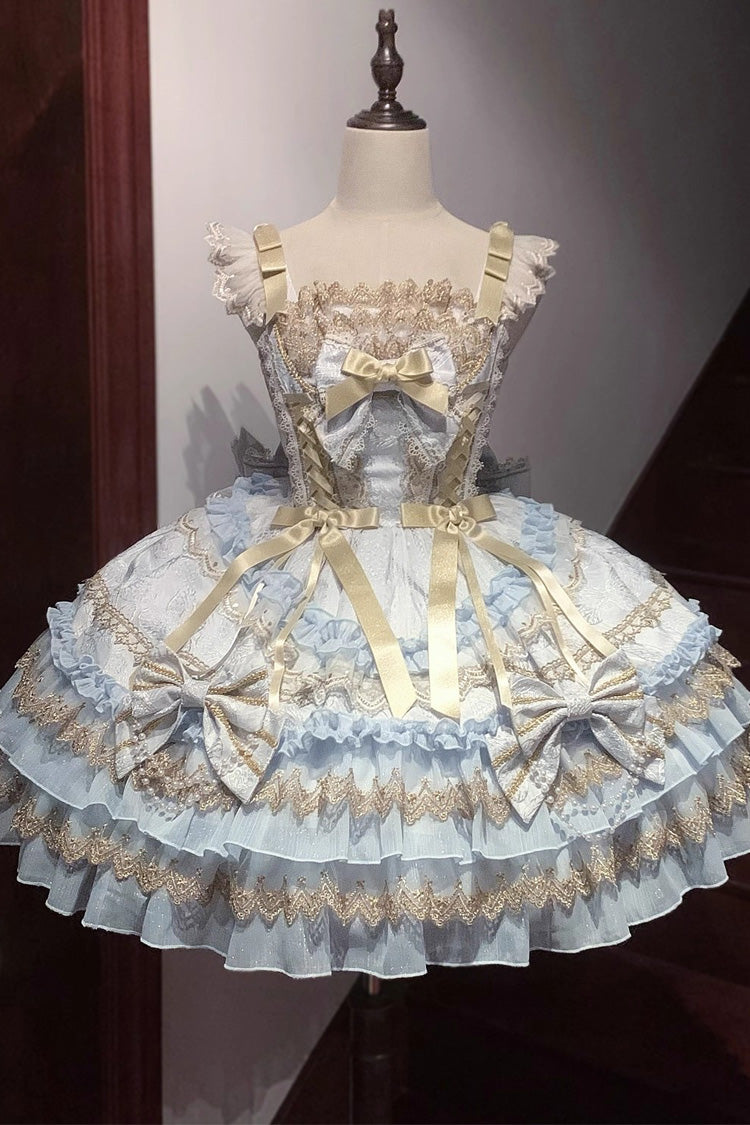 White [Gilded Memories] Sleeveless Double-Layered Ruffle Hot Stamping Bowknot Lace Sweet Lolita Jsk Dress