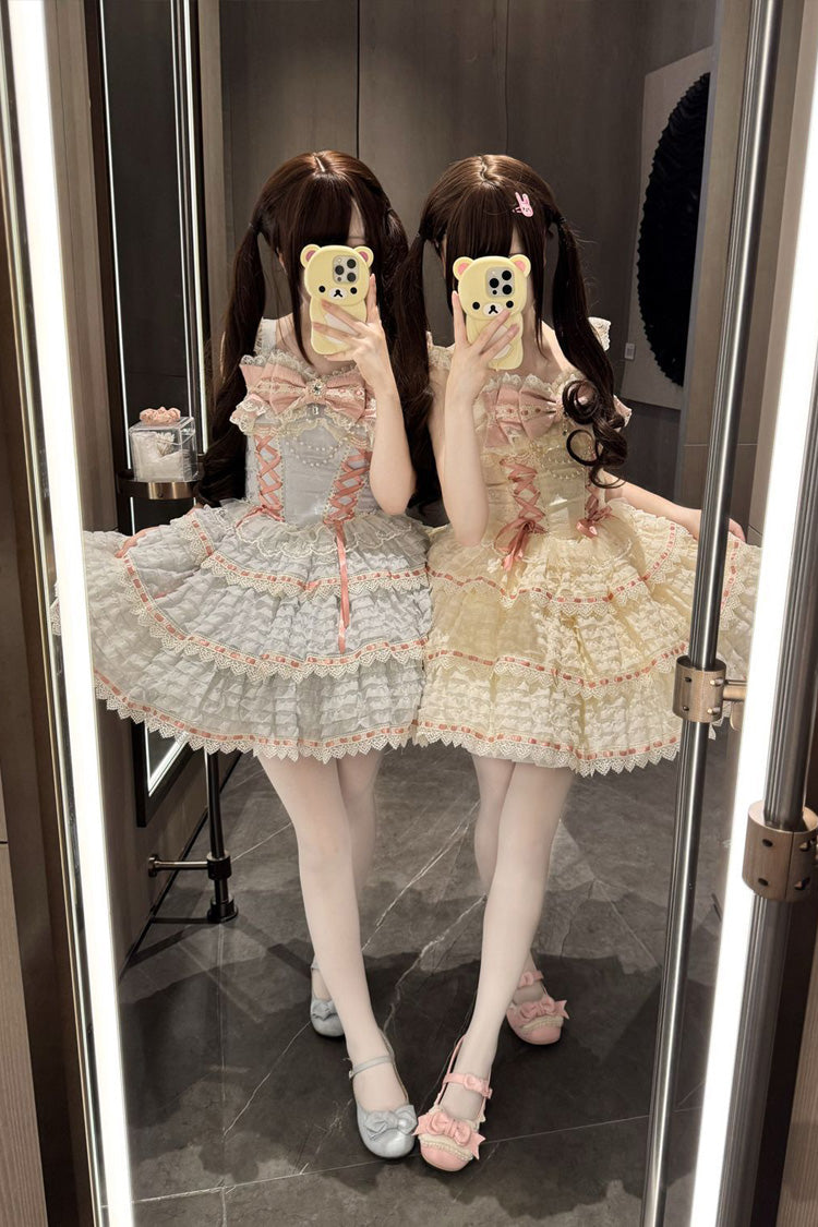 Blue [Song of Floral Letters] Sleeveless Triple-Layered Bowknot Lace-Up Sweet Lolita Jsk Dress