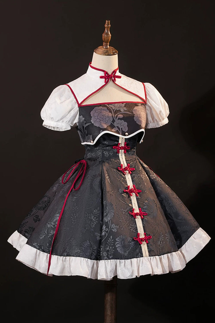 Black [Krul Tepes Seraph of the End] Stand Collar Short Sleeves Ruffled Embroidered Bow Classic Chinese Inspired Lolita Hanfu Dress