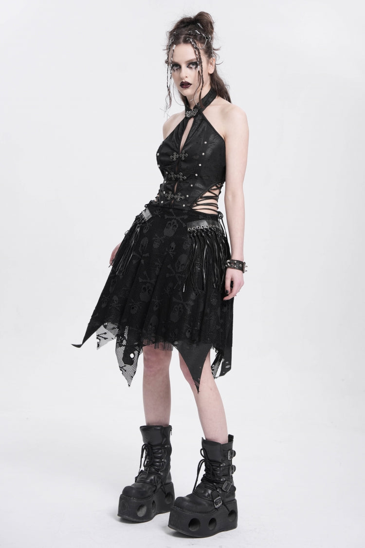 Black Halterneck Sleeveless Skull Print Irregular Women's Punk Dress
