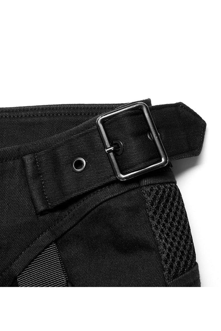 Schwarze funktionelle Punkhose für Damen mit Taschengürtelbesatz im Tooling-Stil und V-förmigem, geteiltem Reißverschluss