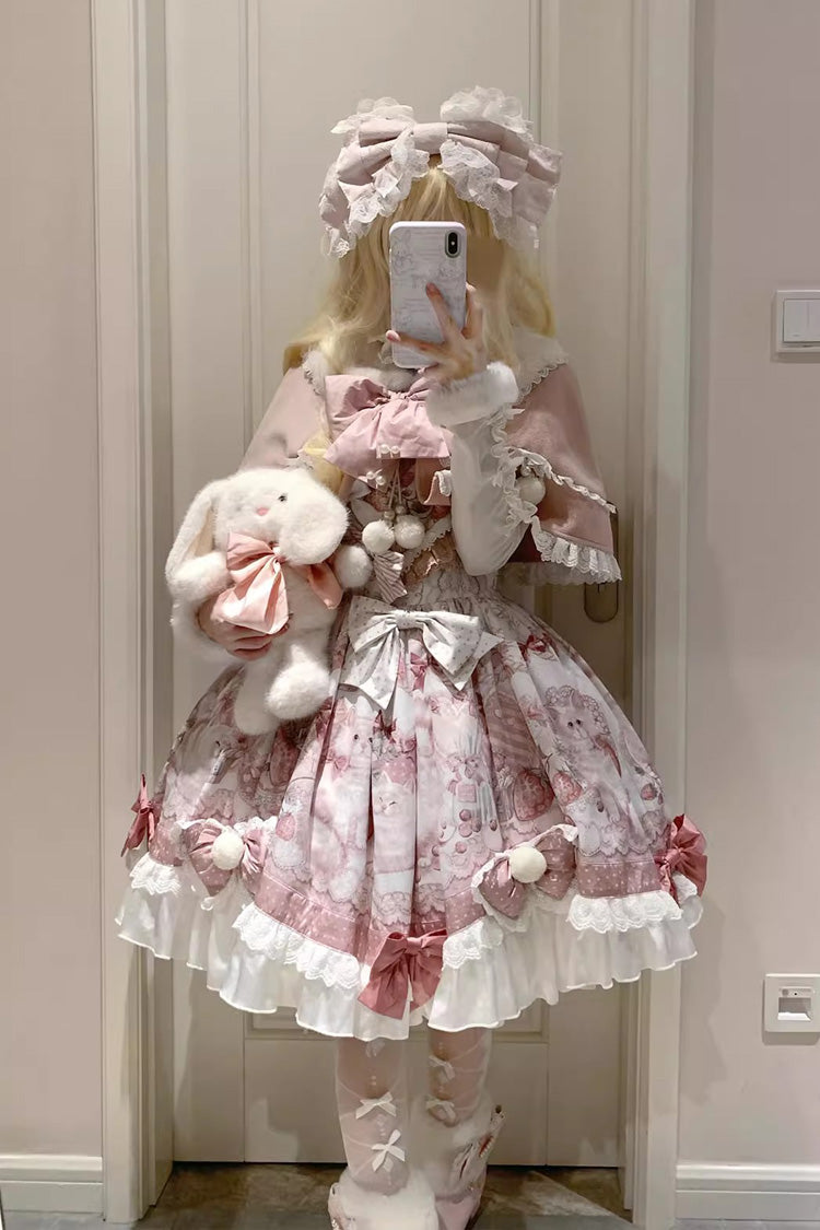 Pink [Cat Dessert House] Print Ruffle Bowknot Sweet Lolita Jsk Dress Set