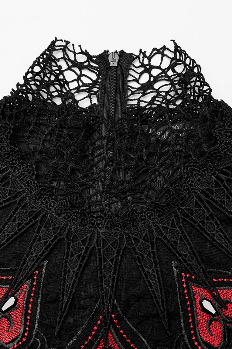 Black/Red V Collar Long Sleeves Hollow Embroidery Women's Gothic Dress