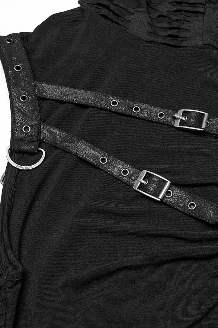 Black Sleeveless Hooded Ripped Ruched Men's Punk Vest