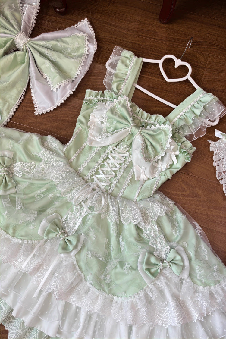 Green Sleeveless Triple-Layered Ruffle Embroidery Bowknot Lace-Up Pearl Sweet Plus Size Lolita Jsk Dress